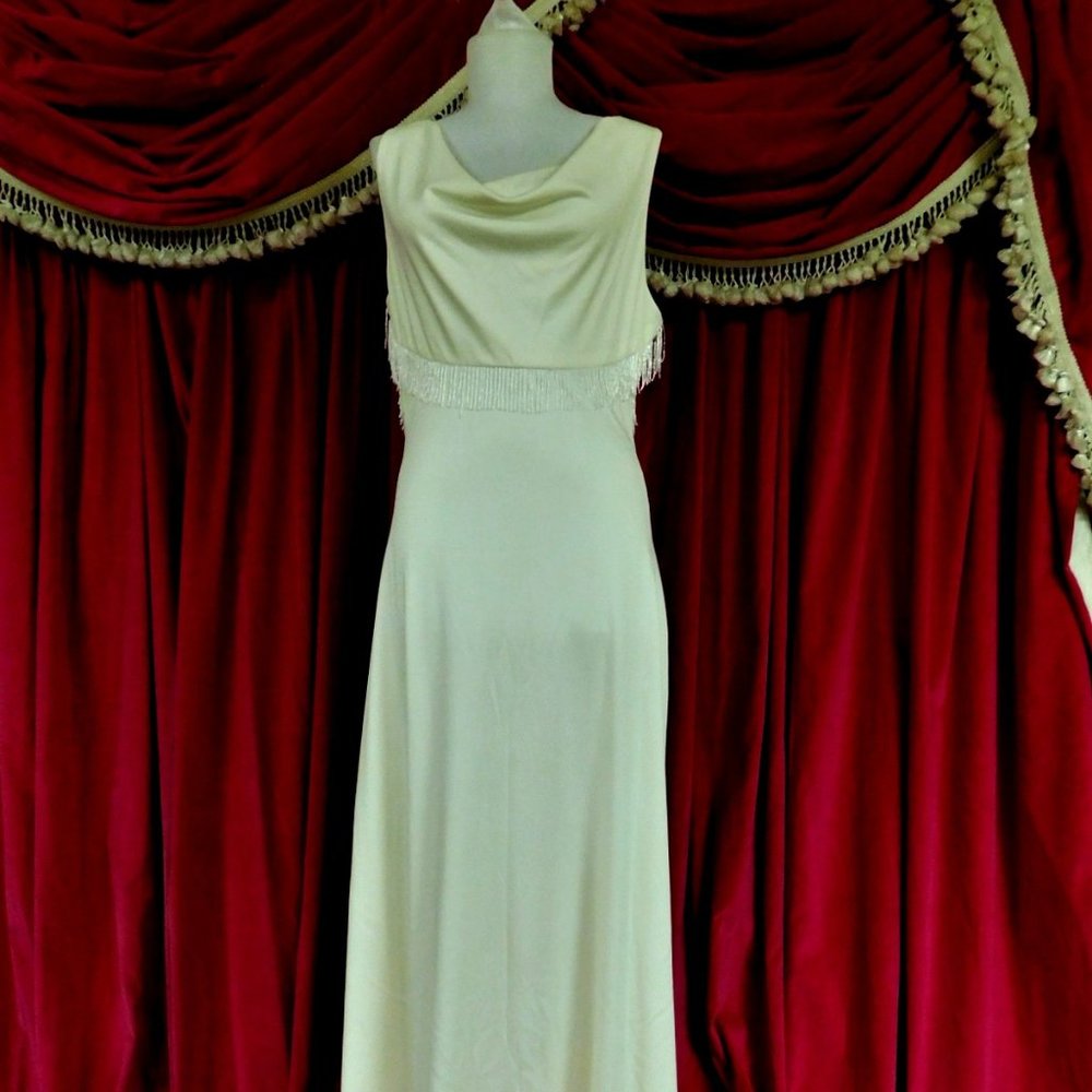 1970's WHITE Poly w/ Beaded Fringe Hostess Gown ES